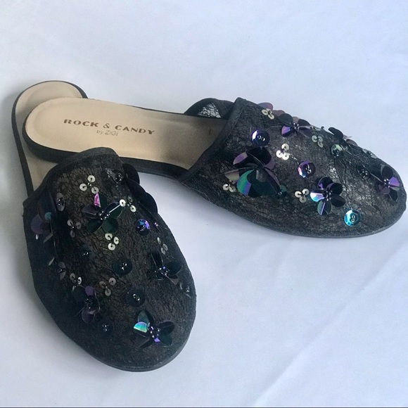 Rock & Candy by Zigi FANCY BLACK SEXY EMBELLISHED SEQUINS FLAT SLIPPERS Sz 8. - Picture 8 of 8